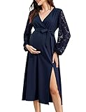 KOJOOIN Daman Umstandskleid Langarm Spitze Stillkleid V-Ausschnitt Umstandsmode Lange Elegante Schwangerschaftskleid Midi Schlitz Partykleid mit Taillengürtel （Verpackung MEHRWEG）, A-Dunkelblau, L