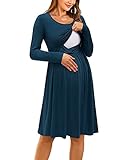 OUGES Damen Umstandskleid Langarm Stillkleid Lässiges Schwangere Kleider Baumwolle mit Taschen（Marine592，M）