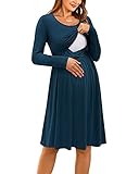 OUGES Damen Umstandskleid Langarm Stillkleid Lässiges Schwangere Kleider Baumwolle mit Taschen（Marine592，M）