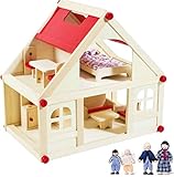 Izzy Puppenhaus aus Holz für Puppen, Puppenstube mit 2 Etagen, 4 Puppen und 9 Möbel, Tragegriff (2 Etagen Puppenhaus)
