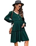 KOJOOIN Damen Umstandskleid V-Ausschnitt Stillkleid Casual Schwangerschaftskleid mit Knöpfen Dunkelgrün/Langarm M