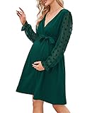 KOJOOIN Damen Umstandskleid Tüll Langarm Stillkleid V-Ausschnitt Swiss Dot Schwangere Kleider Mutterschaft Schwangerschaft Knielanges Partykleid mit Gürtel (Verpackung MEHRWEG), A-Grün, M