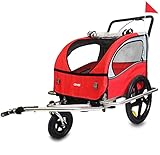 DMS® Fahrradanhänger 2 in 1 Kinderanhänger Fahrrad Anhänger Jogger Radanhänger Kinderwagen Kinderfahrradanhänger für 2 Kinder 5-Punkt Sicherheitsgurt, Radschutz FH-02 (Rot)