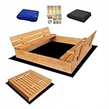 Imprägniert Premium Sandkasten Sandbox mit Abdeckung Sitzbänken Deckel Plane Sandkiste 120x120, Holz Sandkastenvlies 150x150