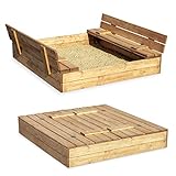 Sandkasten Sandbox Sandkiste mit Klappdeckel Sitzbänken 120x120x20 Kiefernholz mit Anti-Unkraut Bodenplane Deckel und Bank Buddelkasten Quadratisch Gartenspiel