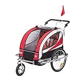 HOMCOM Kinderanhänger 2 in 1 Anhänger Fahrradanhänger Jogger 360° Drehbar für 2 Kinder rot-schwarz