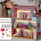 Puppenhaus aus Holz mit LED licht - 3 Spielebenen, mit Möbeln und Zubehör, für 13 cm große Puppen - Puppenvilla, Dollhouse Kinder Spielzeug für Kinderzimmer und Schlafzimmer, für Mädchen und Jungen