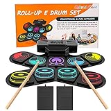 E Drum Set, Uverbon Elektronisches Schlagzeug Kinder Farbtrommelset mit USB-Aufladung Bluetooth MIDI Eingebaute Lautsprecher Roll Up Drum Kit für Kinder, Weihnachts und Geburtstagsgeschenk
