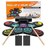 E Drum Set, Uverbon Elektronisches Schlagzeug Kinder Farbtrommelset mit USB-Aufladung Bluetooth MIDI Eingebaute Lautsprecher Roll Up Drum Kit für Kinder, Weihnachts und Geburtstagsgeschenk