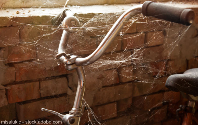 altes Fahrrad voller Spinnweben