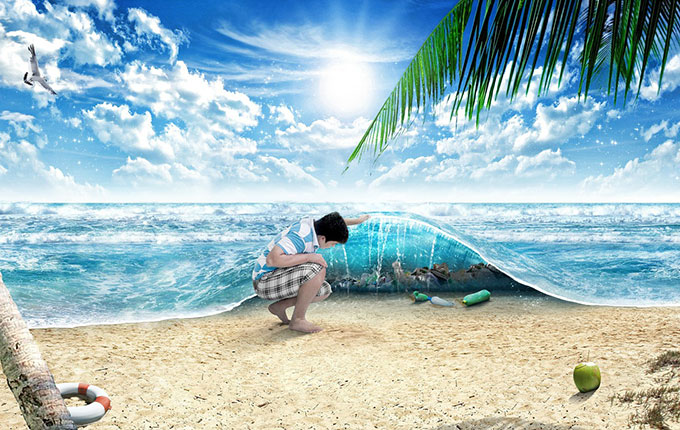 Mann hebt eine Welle hoch, unter der lauter Müll liegt