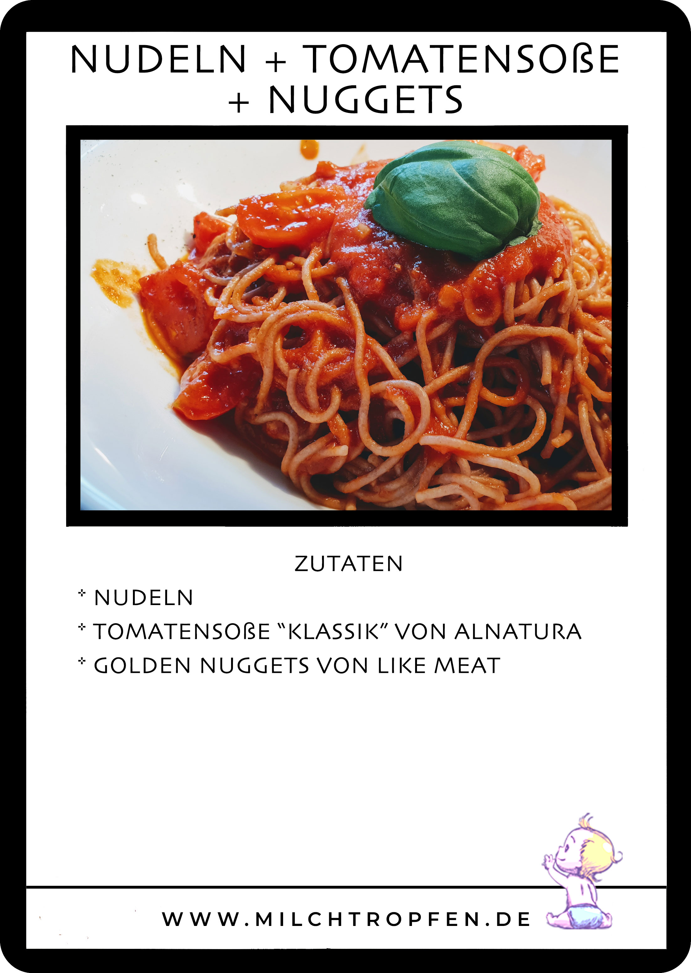 Nudeln mit Tomatensauce und Golden Nuggets von Like Meat | Mehr Infos auf www.milchtropfen.de